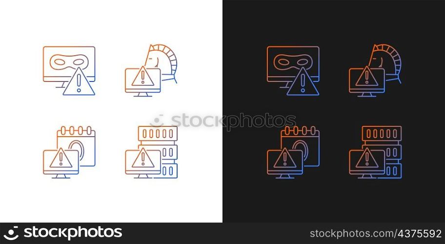 Computer system attacks gradient icons set for dark and light mode. Trojan horse and rootkit. Thin line contour symbols bundle. Isolated vector outline illustrations collection on black and white. Computer system attacks gradient icons set for dark and light mode