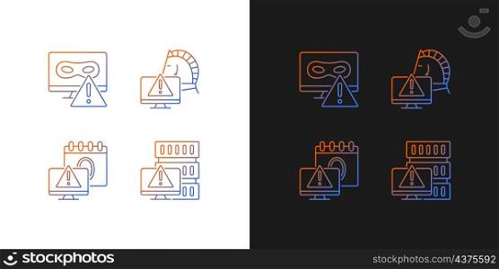 Computer system attacks gradient icons set for dark and light mode. Trojan horse and rootkit. Thin line contour symbols bundle. Isolated vector outline illustrations collection on black and white. Computer system attacks gradient icons set for dark and light mode