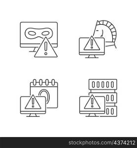 Computer system attacks linear icons set. Trojan horse and rootkit. Computer network disruption. Customizable thin line contour symbols. Isolated vector outline illustrations. Editable stroke. Computer system attacks linear icons set