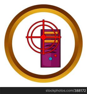 Computer system with red target vector icon in golden circle, cartoon style isolated on white background. Computer system and red target vector icon