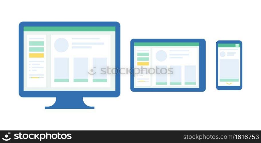Computer, tablet and phone. Interface for different devices. Web site and application development. Vector illustration in flat style. Computer, tablet and phone. Interface for different devices. Web site and application development