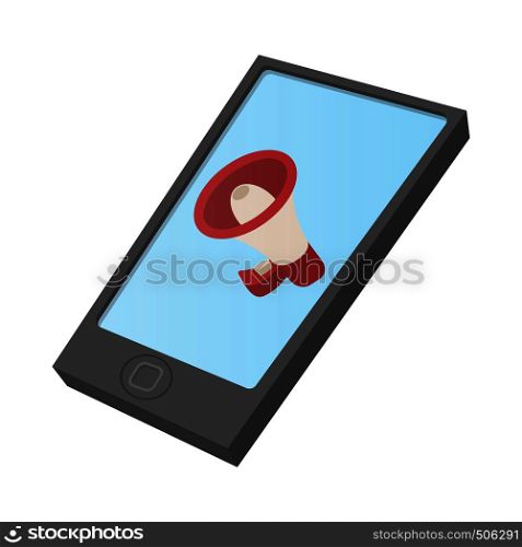 Computer tablet icon with megaphone on screen. Cartoon, isolated on white. Internet advertising concept. Computer tablet icon with megaphone on screen