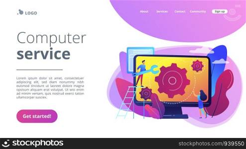 Computer technician with wrench repairing computer screen with gears. Computer service, laptop repair center, notebook setup service concept. Website vibrant violet landing web page template.. Computer service concept landing page.