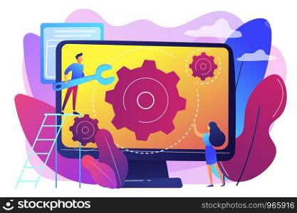 Computer technician with wrench repairing computer screen with gears. Computer service, laptop repair center, notebook setup service concept. Bright vibrant violet vector isolated illustration. Computer service concept vector illustration.