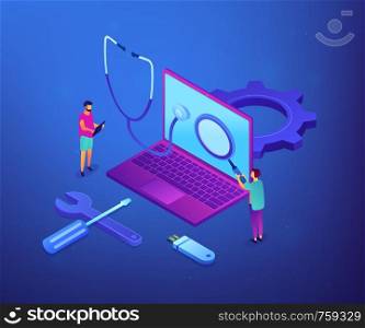 Computer technicians repair laptop with magnifier, stethoscope and tools. Computer service, laptop repair center, notebook setup service concept. Ultraviolet neon vector isometric 3D illustration.. Computer service concept vector isometric illustration.