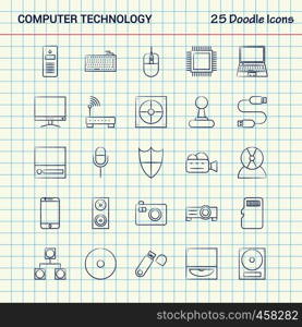 Computer Technology 25 Doodle Icons. Hand Drawn Business Icon set