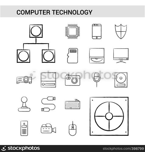Computer Technology hand drawn Icon set style, isolated on white background. - Vector