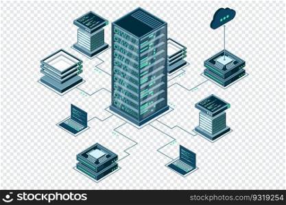 Computer technology isometric illustration. Computation of big data center. Cloud computing. Online devices upload and download information. Modern 3d isometric vector illustration