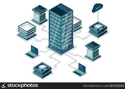 Computer technology isometric illustration. Computation of big data center. Cloud computing. Online devices upload and download information. Modern 3d isometric vector illustration
