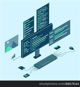 Computer technology isometric illustration. Desktop computer platforms. Software programming coding concept. Code with computer monitor. Vector illustration