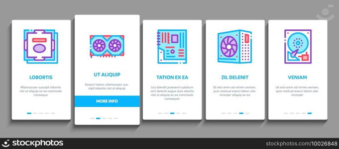 Computer Technology Onboarding Mobile App Page Screen Vector. Computer Mouse And Keyboard, Monitor And Video Card, Earphones And Cooler, Disk And Cord Illustrations. Computer Technology Onboarding Elements Icons Set Vector