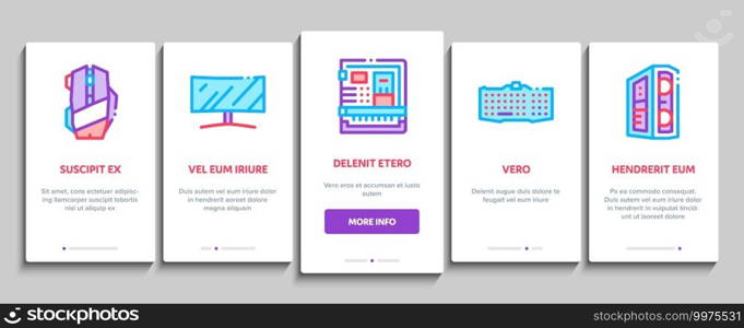 Computer Technology Onboarding Mobile App Page Screen Vector. Computer Mouse And Keyboard, Monitor And Video Card, Earphones And Cooler, Disk And Cord Illustrations. Computer Technology Onboarding Elements Icons Set Vector