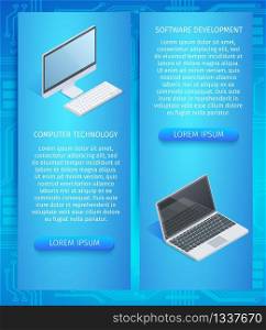 Computer Technology, Software Development Vertical Banners Set with Copy Space. Laptop and Personnel Computer on Blue Gradient Neon Background. Smart High-Tech Devices 3D Isometric Vector Illustration. Storage Service Flyer, Poster, Brochure Templates