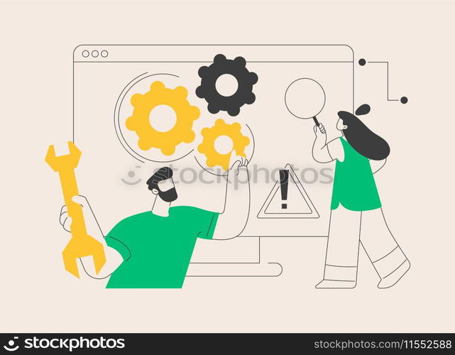Computer troubleshooting abstract concept vector illustration. Basic fixing problems guide, operating system checking, installing new software, restore data, network issue abstract metaphor.. Computer troubleshooting abstract concept vector illustration.
