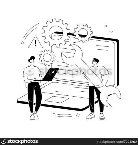Computer troubleshooting abstract concept vector illustration. Basic fixing problems guide, operating system checking, installing new software, restore data, network issue abstract metaphor.. Computer troubleshooting abstract concept vector illustration.