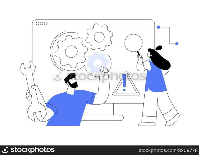 Computer troubleshooting abstract concept vector illustration. Basic fixing problems guide, operating system checking, installing new software, restore data, network issue abstract metaphor.. Computer troubleshooting abstract concept vector illustration.