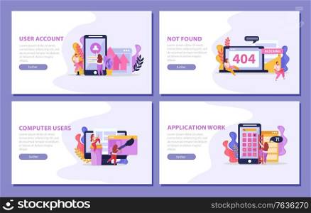 Computer users flat 4x1 set of horizontal banners with editable text buttons and electronic gadget images vector illustration