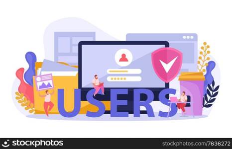 Computer users flat composition of text and human figures with desktop pc images and documents folders vector illustration