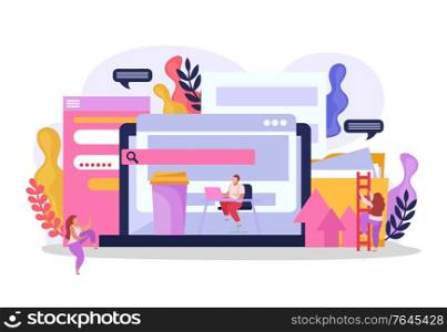 Computer users flat composition with collage of virtual screens windows fields and coffee cup with workspace vector illustration