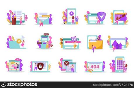 Computer users flat recolor set of isolated icons and compositions of human figures in virtual windows vector illustration