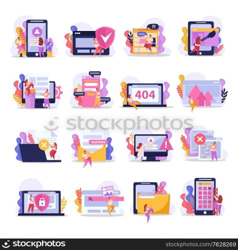 Computer users set of isolated flat icons with human characters and electronic gadgets laptops and smartphones vector illustration