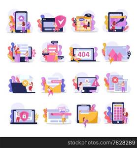 Computer users set of isolated flat icons with human characters and electronic gadgets laptops and smartphones vector illustration