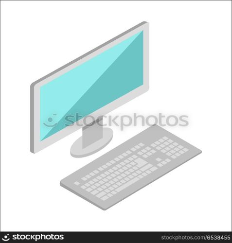 Computer vector illustration in isometric projection. Monitor with keyboard picture for technological concepts, web, app, icons, infographics, logotype design. Isolated on white background. . Computer Illustration in Isometric Projection.. Computer Illustration in Isometric Projection.