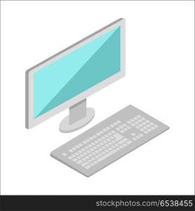 Computer vector illustration in isometric projection. Monitor with keyboard picture for technological concepts, web, app, icons, infographics, logotype design. Isolated on white background. . Computer Illustration in Isometric Projection.. Computer Illustration in Isometric Projection.