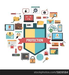 Computer virus protection shield and malware removal software security concept banner flat icons composition abstract vector illustration. Computer protection security concept icons composition