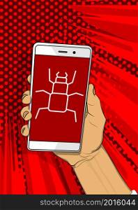 Computer virus sign on Smartphone screen. Cartoon vector illustrated mobile phone. Trojan, online network, Internet security icon.