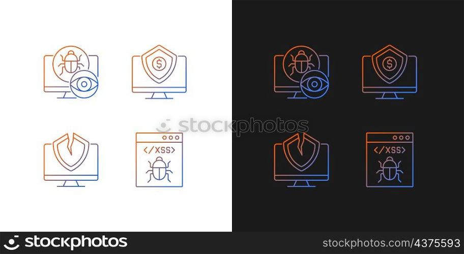 Computer vulnerability exploitation gradient icons set for dark and light mode. Hacker attacks. Thin line contour symbols bundle. Isolated vector outline illustrations collection on black and white. Computer vulnerability exploitation gradient icons set for dark and light mode