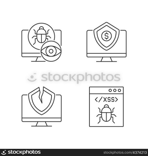 Computer vulnerability exploitation linear icons set. Hacker attack. Network disruption. Cyber insurance. Customizable thin line contour symbols. Isolated vector outline illustrations. Editable stroke. Computer vulnerability exploitation linear icons set