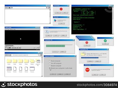 Computer window. Retro browser interface with popup error and warning windows, classic old software UI. Vector illustration website and loading windows set. Computer window. Retro browser interface with popup error and warning windows, classic old software UI. Vector website and loading windows set