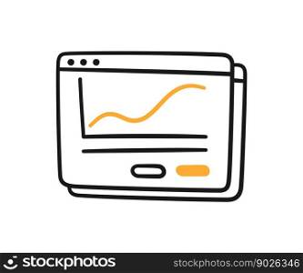 Computer window with a growing graph. Hand drawn finance data graph. Doodle vector illustration on white background.. Computer window with a growing graph. Hand drawn finance data graph. Doodle vector illustration on white background