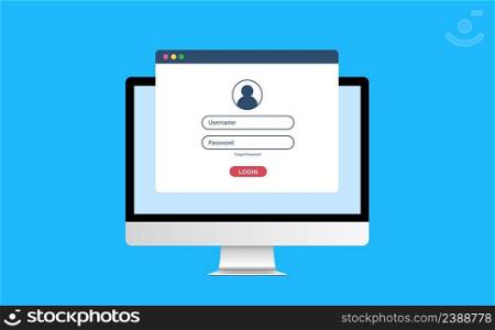Computer with authorisation on the screen, login and password of the user to the system or account, vector flat illustration. Computer with authorisation on the screen, login and password of the user to the system or account, vector illustration