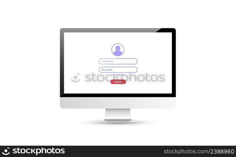 Computer with authorization on the screen, login and password of the user, vector flat illustration. Computer with authorization on the screen, login and password of the user, vector illustration
