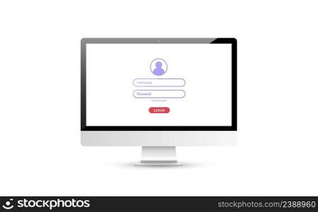 Computer with authorization on the screen, login and password of the user, vector flat illustration. Computer with authorization on the screen, login and password of the user, vector illustration