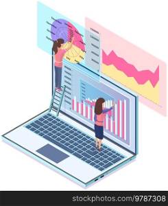 Computer with calculation and report, financial chart. Women analyze statistical indicators, data on monitor. Employees study infographics and project financing. Business analytics data accounting. Computer with calculation and report financial chart on screen. Women analyze statistical indicators