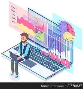 Computer with calculator and report, financial chart. Businessman analyzes statistical indicators, data on monitor. Man studies infographics and project financing. Business analytics data accounting. Businessman analyzes statistical indicators, data on monitor. Man studies infographics and financing