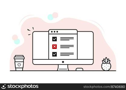 Computer with checklist. Online - test with one error. Workspace with a plant, a cup of coffee and a browser with checkboxes. Vector illustration in the style of a linear image.