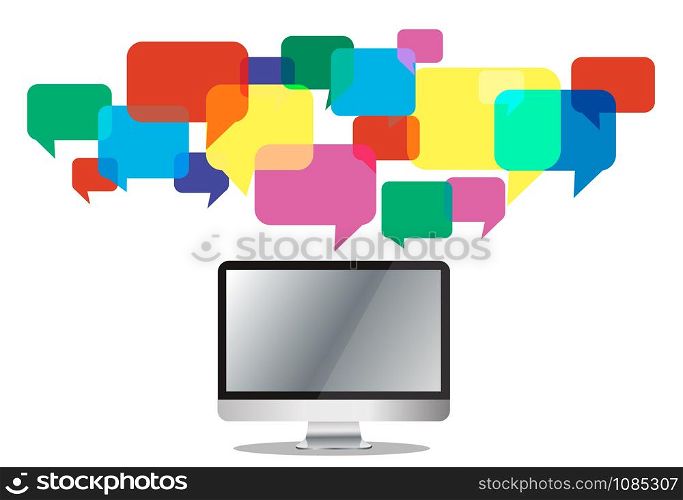 computer with colorful chat box , message box communication background
