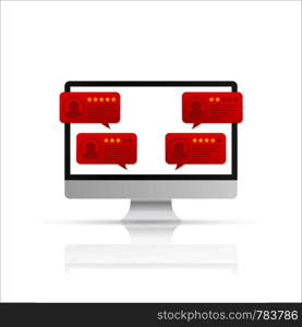 Computer with customer review rating messages. desktop pc display and online reviews or client testimonials, concept of experience or feedback, rating stars. Vector stock illustration.