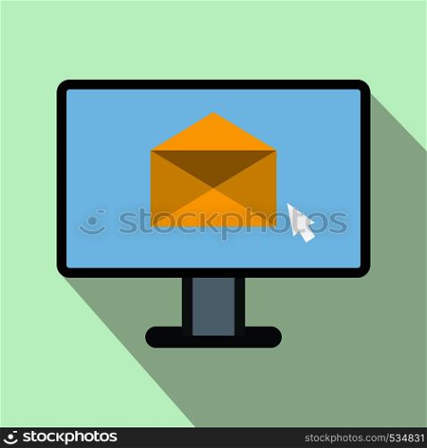 Computer with e-mail icon in flat style on a light blue background. Computer with e-mail icon, flat style