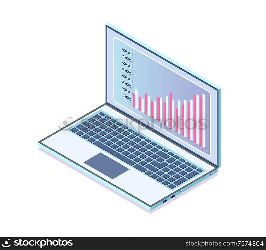 Computer with Infocharts of business project vector. Isolated isometric 3d icon with laptop and data shown on screen. Graphics and info, statistics. Laptop with Information in Visual Representation