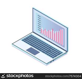 Computer with Infocharts of business project vector. Isolated isometric 3d icon with laptop and data shown on screen. Graphics and info, statistics. Laptop with Information in Visual Representation
