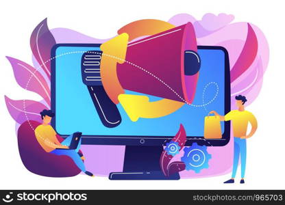 Computer with megaphone and businessman with laptop and shopping bag. Digital marketing, e-commerce, social media marketing concept. Bright vibrant violet vector isolated illustration. Digital marketing concept vector illustration.