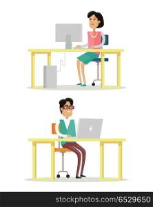 Computer Work Concept Illustration In Flat Design.. Computer work concept vector in flat design. Woman and man seating under table and working on computer and laptop. Office routine, business in internet, daily tasks illustrating. isolated on white.