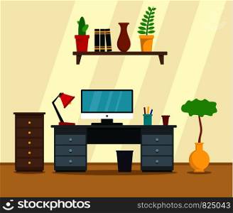 Computer work place concept background. Flat illustration of computer work place vector concept background for web design. Computer work place concept background, flat style