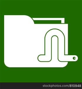 Computer worm icon white isolated on green background. Vector illustration. Computer worm icon green