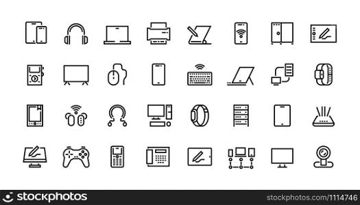 Computers line icons. Desktop PC, laptop and network station pictograms, tablet computer and electronic hardware. Vector set icon mobile devices and pictograms computing equipment. Computers line icons. Desktop PC, laptop and network station pictograms, tablet computer and electronic hardware. Vector set
